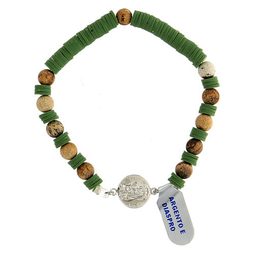 Bracelet dizainier argent 925 grains jaspe disques en caoutchouc vert médaille avec Chi-Rho 1