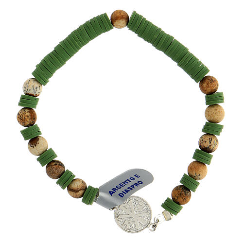 Bracelet dizainier argent 925 grains jaspe disques en caoutchouc vert médaille avec Chi-Rho 2