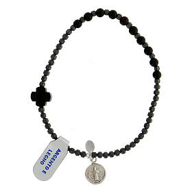 Single decade rosary bracelet with faceted beads of grey hematite, black wood beads and cross
