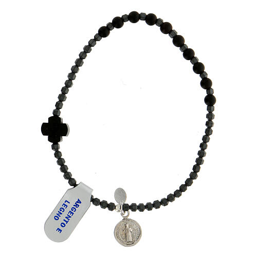 Bracelet dizainier argent 925 grains bois noir perles hématite croix et médaille St Benoît 1