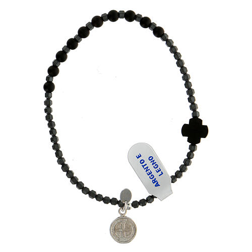Bracelet dizainier argent 925 grains bois noir perles hématite croix et médaille St Benoît 2