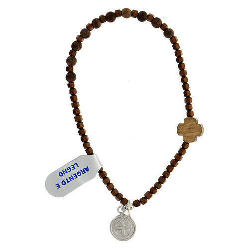 Single decade rosary bracelet with faceted beads of brown hematite, wood beads and cross 2