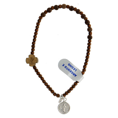 Bracelet dizainier argent 925 grains bois marron perles hématite croix et médaille St Benoît 1