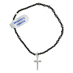 Bracelet with cubic beads of hematite and cross of 925 silver