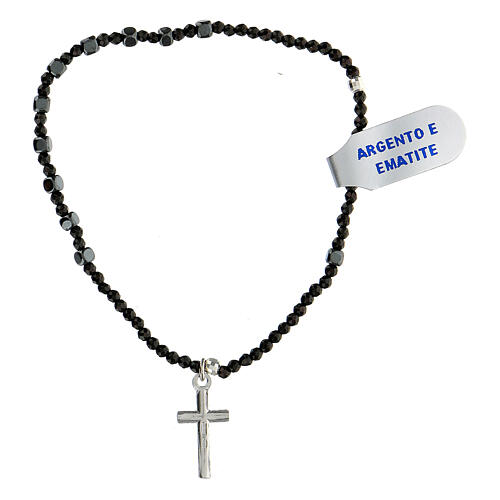 Bracelet with cubic beads of hematite and cross of 925 silver 3