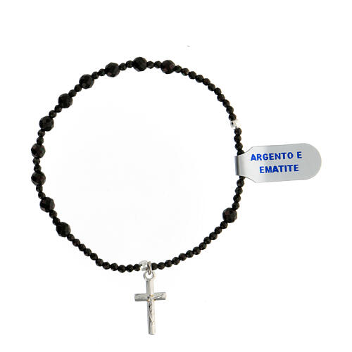 Bracelet dizainier grains à facettes hématite noire et croix argent 925 1