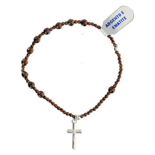 Bracelet with faceted brown hematite beads and 925 silver cross 1