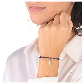 Rosary bracelet with blue crystal single decade, hematite beads and 925 silver cross