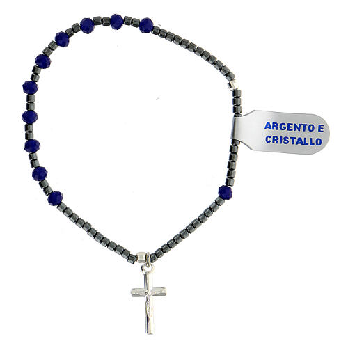 Rosary bracelet with blue crystal single decade, hematite beads and 925 silver cross 1