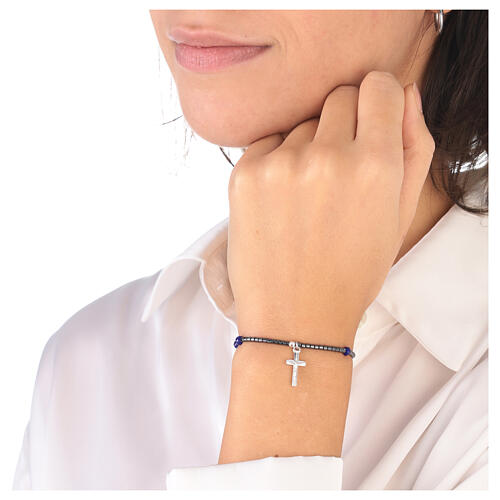 Rosary bracelet with blue crystal single decade, hematite beads and 925 silver cross 2