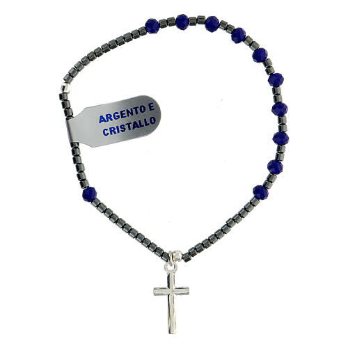 Rosary bracelet with blue crystal single decade, hematite beads and 925 silver cross 3