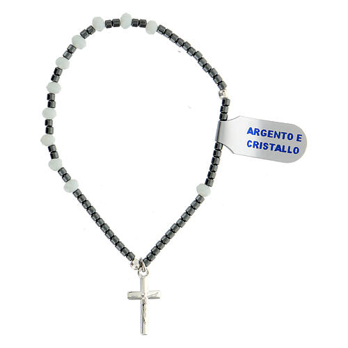 Rosary bracelet with white crystal single decade, hematite beads and 925 silver cross 1