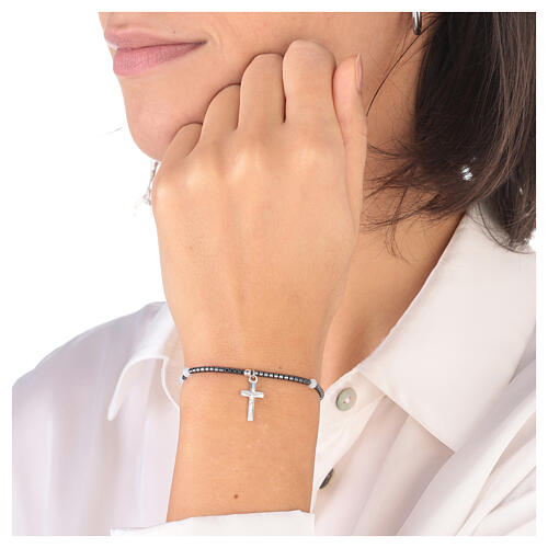 Rosary bracelet with white crystal single decade, hematite beads and 925 silver cross 2
