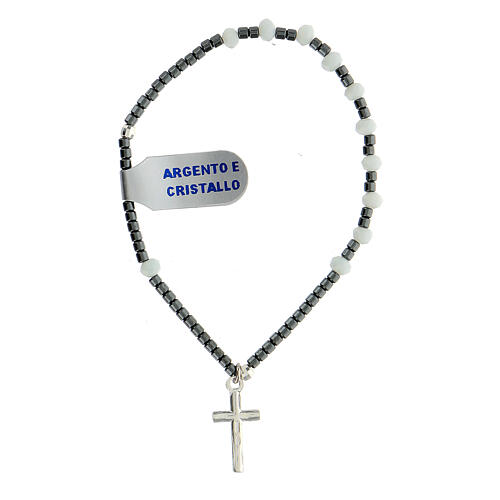 Rosary bracelet with white crystal single decade, hematite beads and 925 silver cross 3