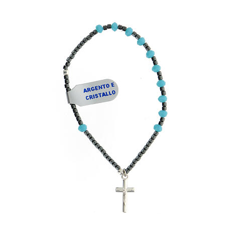 Rosary bracelet with light blue crystal single decade, hematite beads and 925 silver cross 1