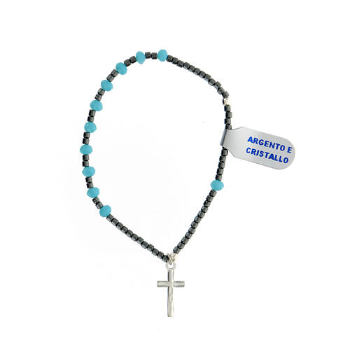 Rosary bracelet with light blue crystal single decade, hematite beads and 925 silver cross 3
