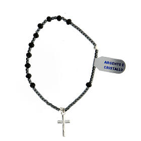 Rosary bracelet with black crystal single decade, hematite beads and 925 silver cross