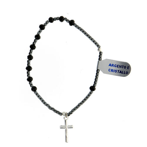 Rosary bracelet with black crystal single decade, hematite beads and 925 silver cross 1