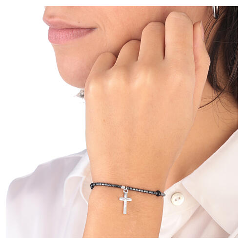 Rosary bracelet with black crystal single decade, hematite beads and 925 silver cross 2