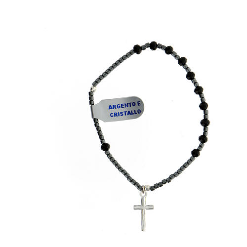 Rosary bracelet with black crystal single decade, hematite beads and 925 silver cross 3