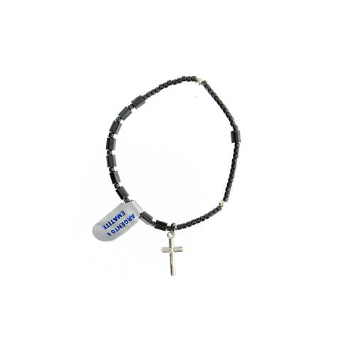 Rosary bracelet with faceted cylindrical hematite beads and 925 silver cross 1