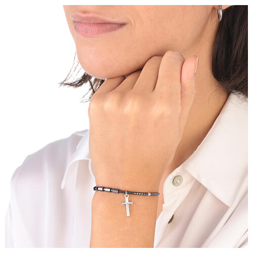 Rosary bracelet with faceted cylindrical hematite beads and 925 silver cross 2