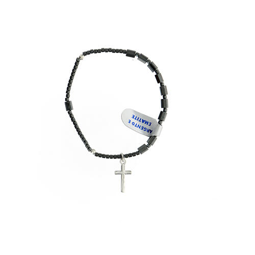 Rosary bracelet with faceted cylindrical hematite beads and 925 silver cross 3