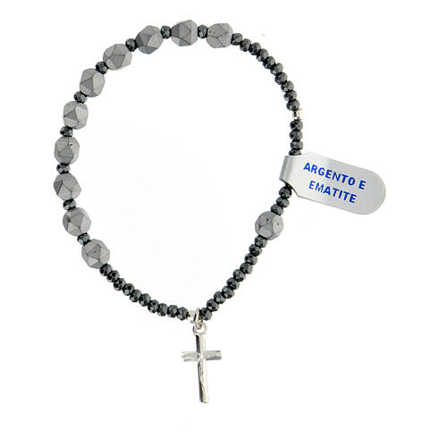 Rosary bracelet with faceted grey hematite beads and 925 silver cross 1