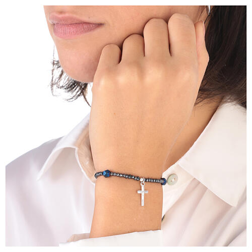 Rosary bracelet with faceted blue hematite beads and 925 silver cross 2