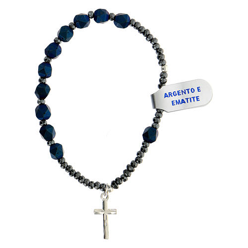Bracelet dizainier gros grains à facettes hématite bleue matte et croix argent 925 3