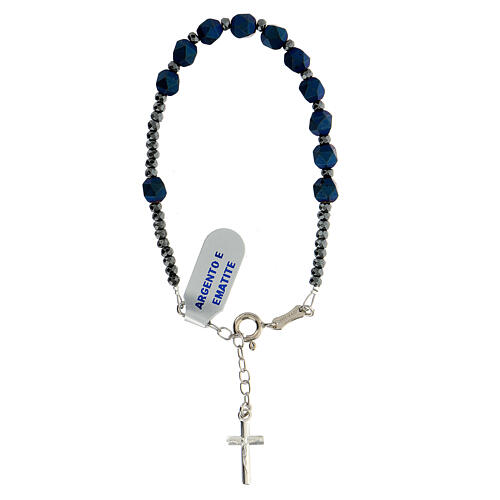 Bracelet of 925 silver with blue hematite single decade and silver cross 1