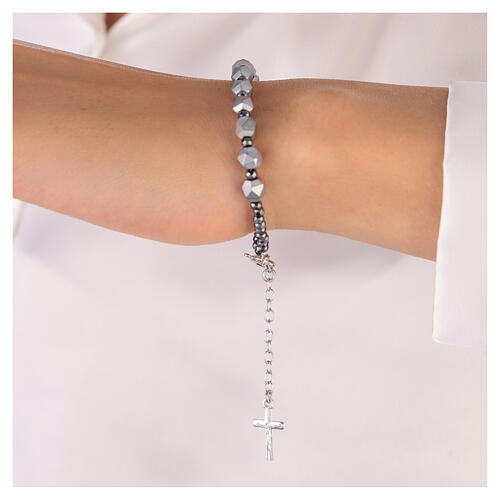 Bracelet of 925 silver with grey hematite single decade and silver cross 4