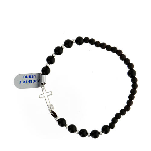 Bracelet with black wood beads and 925 silver cross 1