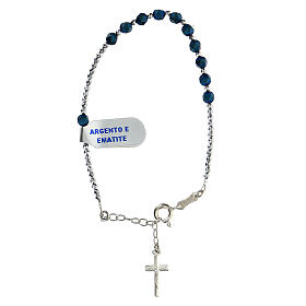 Bracelet of 925 silver with faceted blue hematite single decade and silver cross