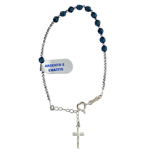 Pulsera hematites gris y azul con cruz de plata 925 1