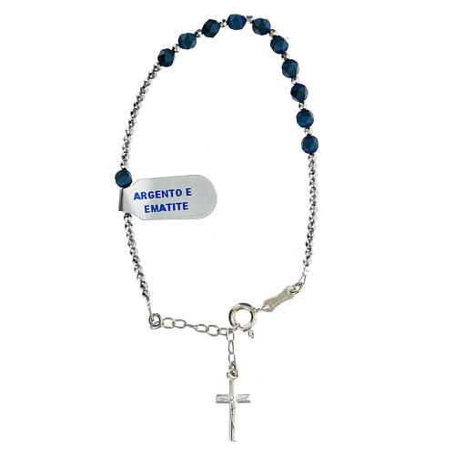 Bracelet dizainier fin grains à facettes hématite bleue et croix argent 925 1