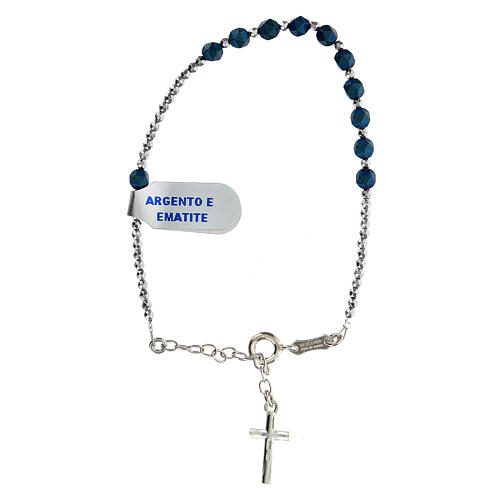 Bracelet dizainier fin grains à facettes hématite bleue et croix argent 925 4