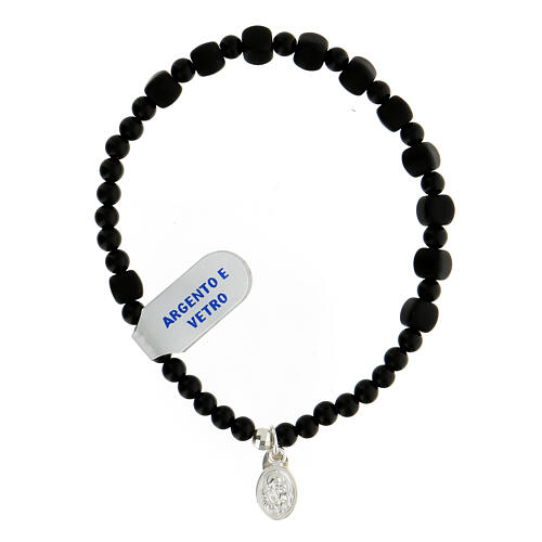 Bracelet with black frosted glass single decade and 925 silver medal of the Holy Family 3