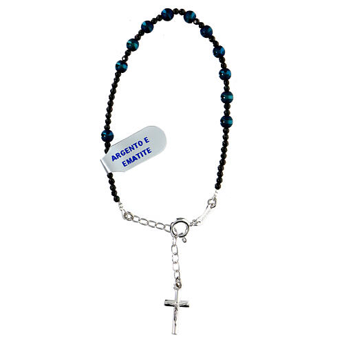 Bracelet with 925 silver cross and matte black and blue hematite beads 1
