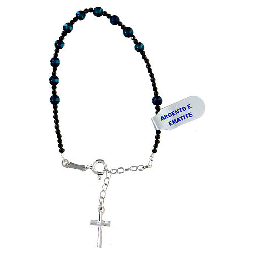 Bracciale con croce argento 925 ematite opaca nera e blu 2