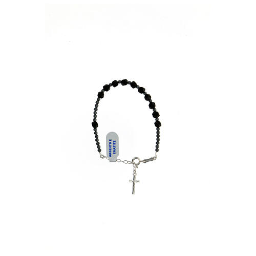 Bracelet of 925 silver with faceted black and grey hematite single decade and silver cross 3