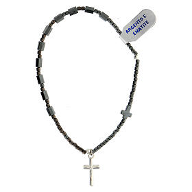 Rosary bracelet with cylindrical black hematite beads and two crosses