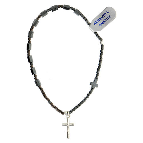Rosary bracelet with cylindrical black hematite beads and two crosses 1