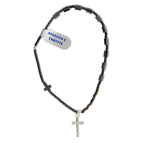 Rosary bracelet with cylindrical black hematite beads and two crosses 3