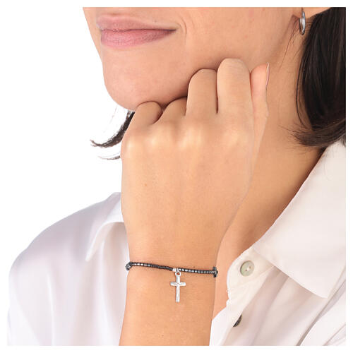 Black hematite bracelet with prisms and cross in 925 silver 2