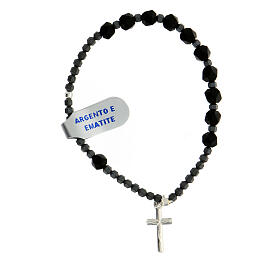 Rosary bracelet with grey and black hematite beads, 925 silver cross