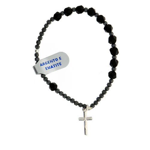 Rosary bracelet with grey and black hematite beads, 925 silver cross 1