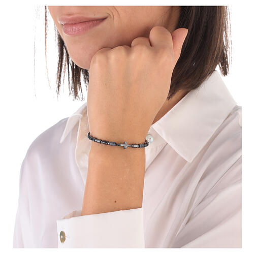 925 silver bracelet with shiny black hematite prisms cross 2