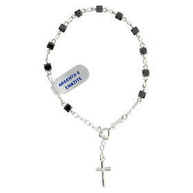 Bracelet of 925 silver with cubic black hematite beads and 800 silver cross