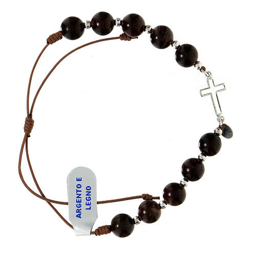 Single decade rosary bracelet of brown cord and 925 silver 1
